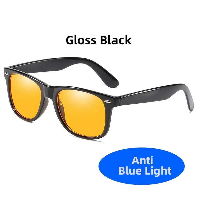Lunettes carrées classiques anti-lumière bleue pour homme et femme, avec verres jaunes filtrant la lumière bleue.
