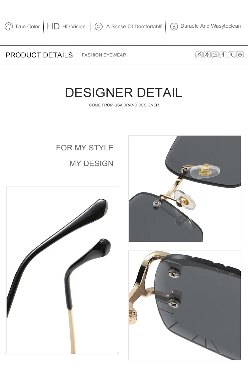 Lunettes de soleil HBK sans monture pour homme, forme carrée avec verres dégradés